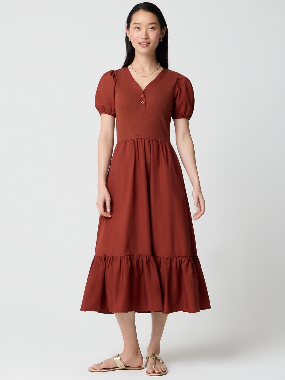 J. Crew V neck Mixed Media Dress Burnt Cinnamon XL 48"